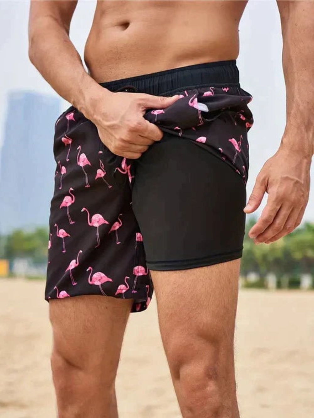 Silk World Swim Shorts with Pink Flamingo Print & Under Shorts w/Phone Pocket